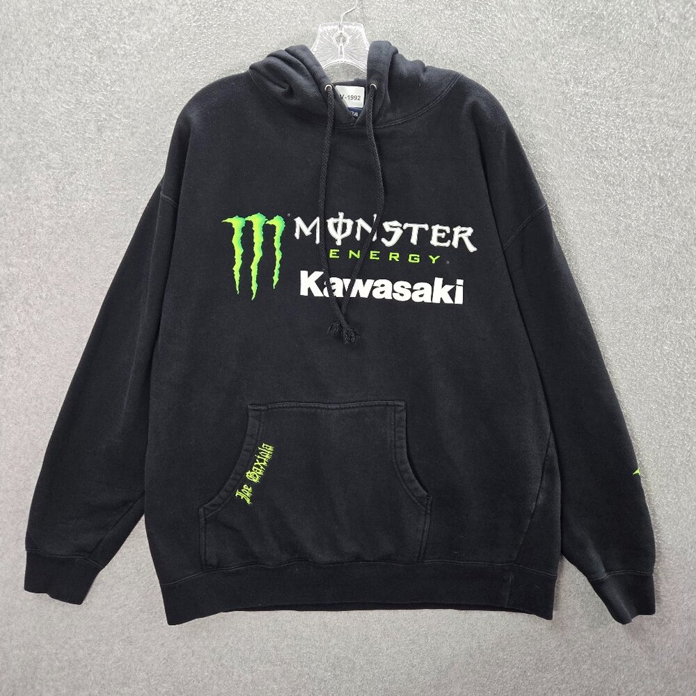 VINTAGE Monster x Kawasaki Men Sweatshirts XL Black Motocross BMX Biker Y2K